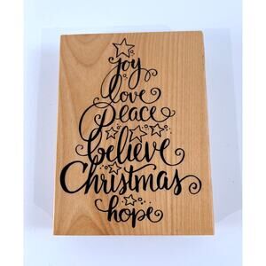 Vintage Christmas Tree Rubber Stamp Joy Love Peace Believe Hope Wood Mount